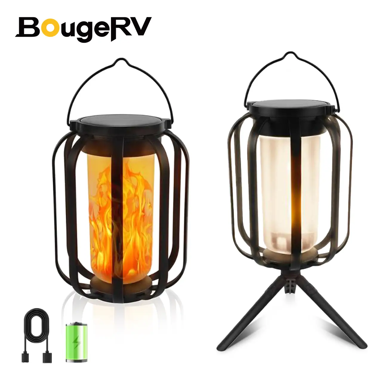 BougeRV Solar lantern outdoor light with base, upgraded flickering flame solar lantern outdoor waterproof light, solar lantern for patio garden room d