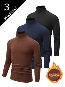 Men's 3-Pack High Neck Long Sleeve Thermal Shirts, Ideal for Sports Training and Daily Commute, Moisture-Wicking and Quick-Dry, Stretch Fit Design