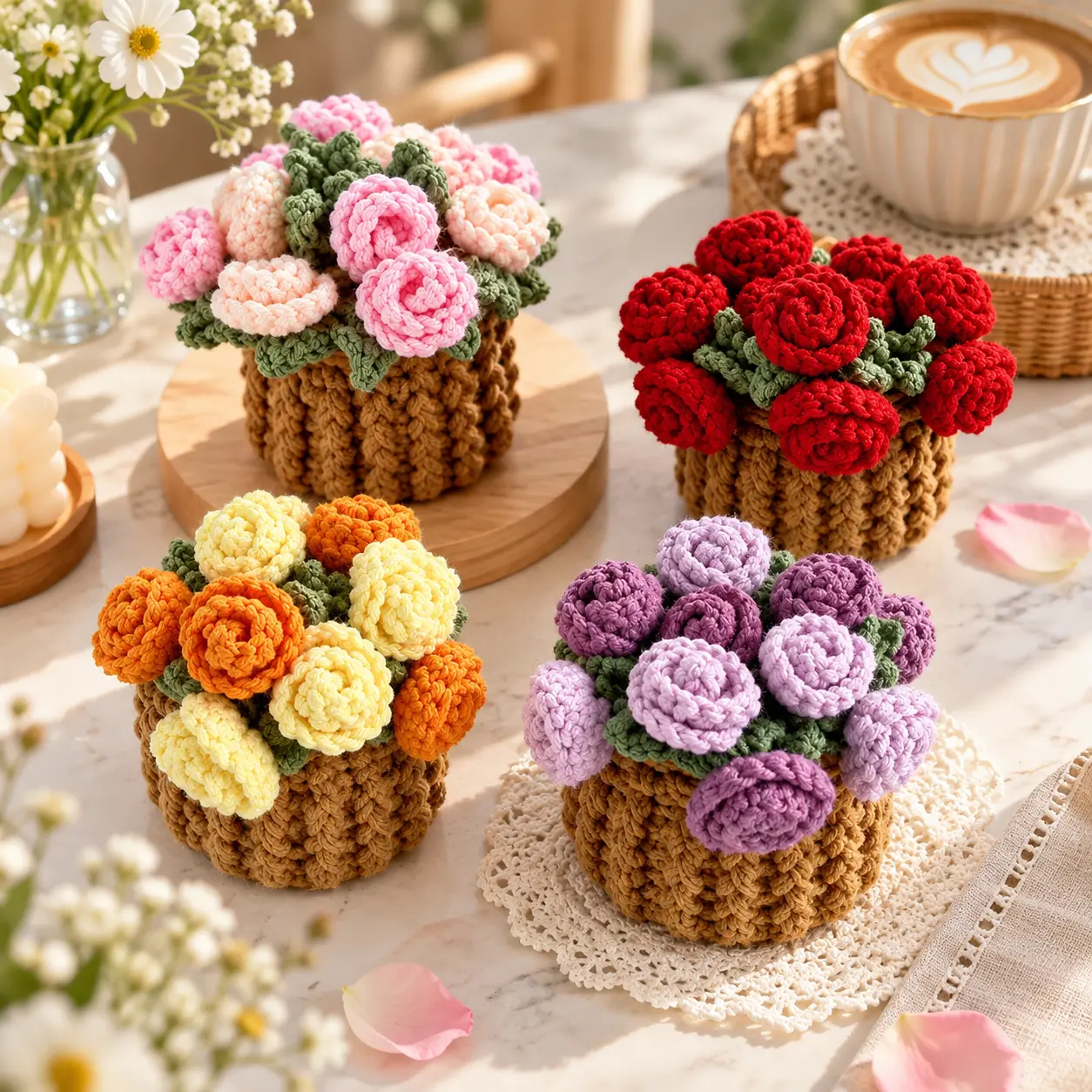 Handmade Crochet Flower Bouquet Coaster, 2-in-1 Foldable Rose Cup Mat & Decorative Flower Basket, Cute Yarn Knitted Table Decor, Gift for Mom Grandma, Mother’s Day, Valentine’s Day & Birthday Gift