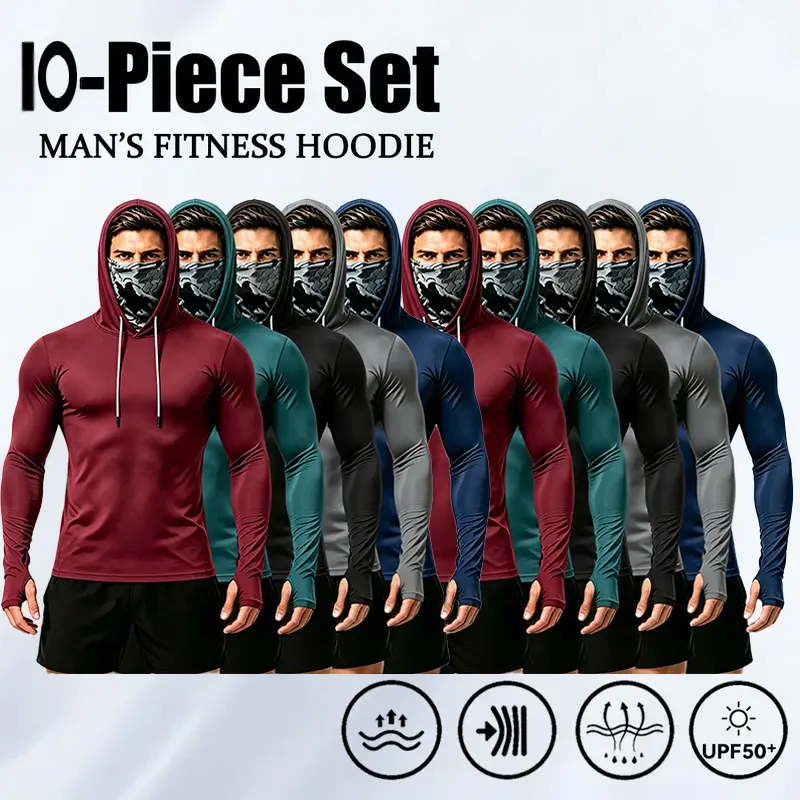 10 Pack Men's UPF 50+ Sun Hoodie with Face Mask - Quick Dry Long Sleeve Athletic Shirt, Lightweight Breathable Activewear for Fishing, Hiking & Workout,sohochic