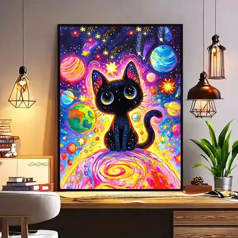 Cartoon Planet Cat DIY Diamond Painting Craft Set - Mixed Textile Mosaic, Cross Stitch Design, Hand-Embroidered Needlework Kit, 30x40cm/11.81x15.75inch Bedroom Wall Decoration, Perfect Gift for Adults