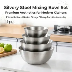 This four-piece nestable stainless steel mixing bowl set features graduated, stackable metal bowls suitable for baking, cooking, and food preparation.