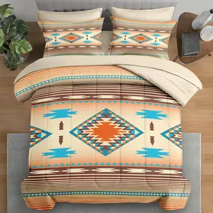 Comforter Queen Size, Southwest Western Geometric 7 for and Adults, Mexico Stripe Turquoise Sheet Sets with Sheet 2 Pillowcases  2 Shams