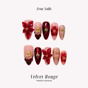 ErsaNails VELVET ROUGE - Medium Almond 10 PCS Handmade Press On Nails | 3D Flowers, French Tip & Swirl