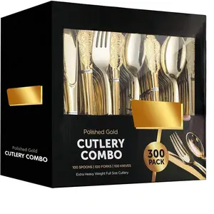 300 Count Gold Plastic Silverware Set,Includes 100 Forks,100 Spoons,100 Knives,Heavy Duty Gold Plastic Cutlery Set,Gold Flatware For Catering, Parties, Dinners,Weddings bonita long handle