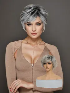 Lehanhair 8 Inch Grey Pixie Cut Synthetic Wig With Bangs Short Straight Layered Wigs For Women Use for Daily New Year Christmas Black Friday Halloween Wear Wig Synthetic Material Wigs
