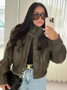 Stylish Comfort Fit Jacket Demi-Season Faux Leather Long Sleeve Green Moto Biker Zipper Street Short Coat Aviator Jackets, Outerwear, Trendy, Versatile, Comfort, Wear, Style, Outfit, Essential, Chic, StatementOutfit