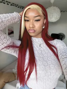 Burgundy Blonde Highlight Wig 13x4 Lace Front Wigs, Glueless Frontal Wig, Pre-Plucked Hairline Synthetic Wig Wine Red Valentine Look Straight Wig Valentine's Day Date Night for Women 28 Inch