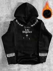 Men's Hooded Sweatshirt with Freedom Los Angeles Print, Street Style, Star & Pattern Design, Fleece Lined Warm Up Top