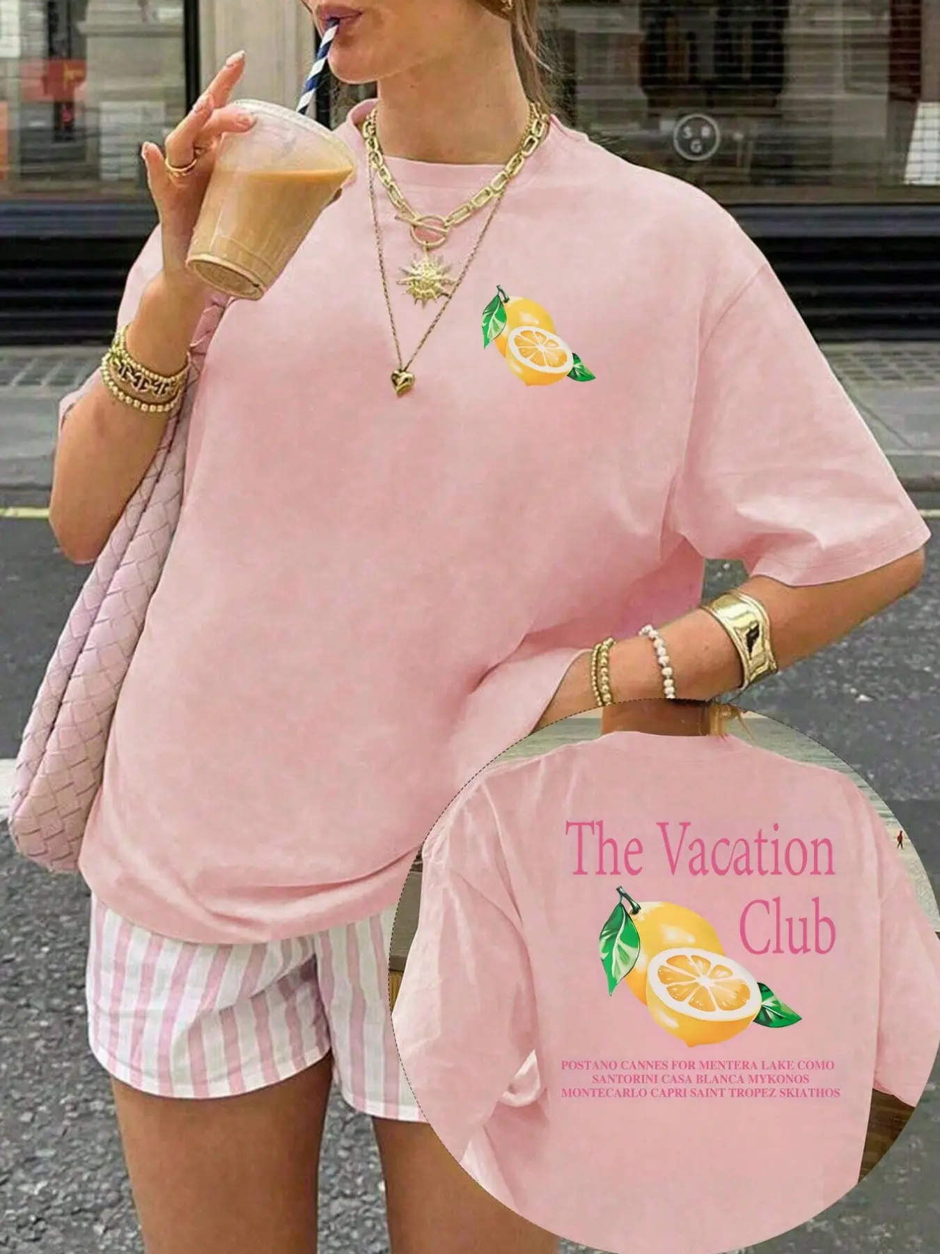 Women's Lemon Pattern Vacation Club Print Short Half Sleeve Loose Fit T-Shirt, Casual Round Neck Top, Daily Wear, Back to School, All Seasons, Summer, Womenswear