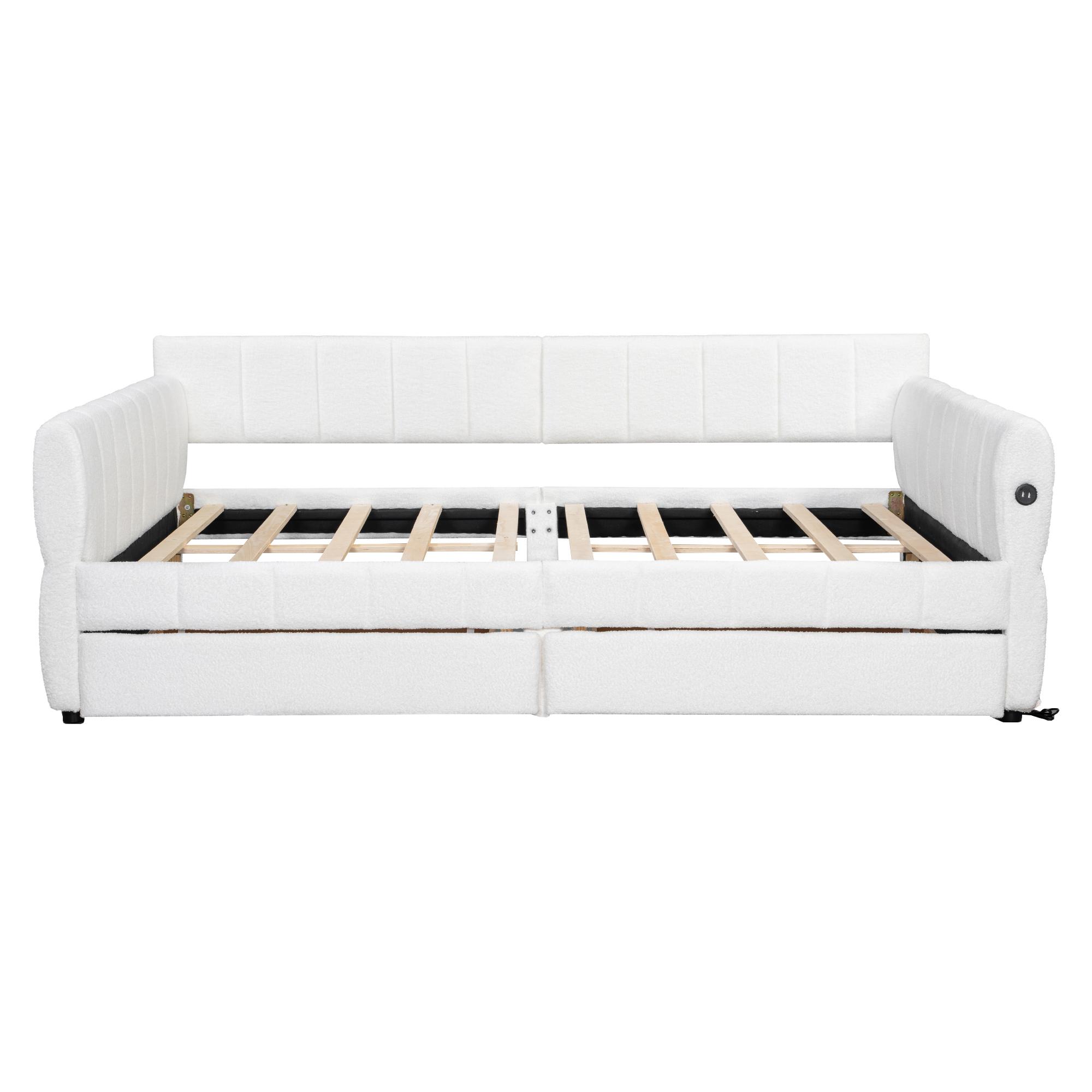 Queen Daybed Frame with 2 Storage Drawers and USB Charging Station, Upholstered Lambswool Sleeper Day Bed Couch with Armrest, No Spring Box Required, Easy Assemble, Beige