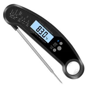 Digital Instant Read Food Thermometer with Backlight, LCD Display, Calibration Function, Built-in Bottle Opener for Grilling, BBQ, Turkey, Candy, Liquid Temperature Measurement, Black