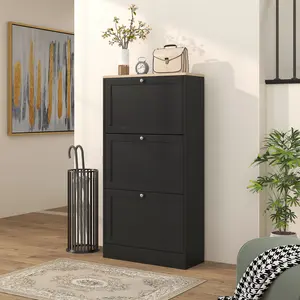 Modern Shoe Storage Cabinet with 3 Flip Drawers Adjustable Shelves for 18 Pairs Black Light Oak Top Silver Handles Compact Design