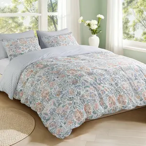 Shilucheng Premium Cotton Floral 3 Piece Duvet Cover set Reversible Botanical Print and Stripes Soft Breathable Cozy Bedding Fits All Sizes Perfect for Bedroom and Guest Room Decor