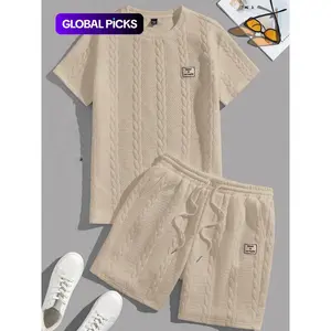 Men's Textured Knit Two-Piece Matching Set, Round Neck Short Sleeve Top & Drawstring Shorts, Summer Casual Streetwear