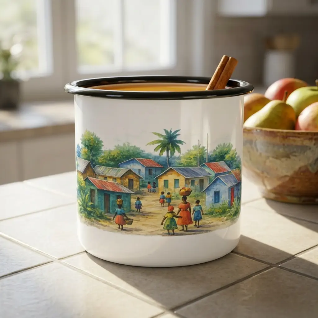 12oz Vintage Printed Enamel Coffee Mug, Caribbean Village Design, Lightweight Durable Cold-Rolled Steel Camp Cup, Glossy Finish, Dishwasher Safe, Portable for Outdoor Camping Hiking Use, One-Size, Village Scene, Enamel On Cold-Rolled Steel