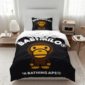 BAPE Baby Milo Cartoon Monkey Decorative Duvet Cover Set, 1 Duvet Cover & 1-2 Pillowcases (no Pillows), Black Background with Large Cartoon Monkey, Soft Cozy Minimalist Trend Childlike Bedroom Decor, Gift for Fans, Bedroom Bedding Set, Bed Sets