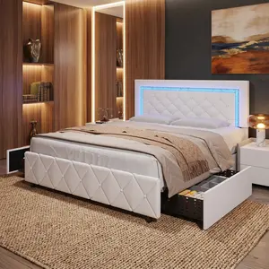 Upholstered Platform Bed Frame with LED Lights & Storage Drawers, Diamond Tufted Headboard Footboard, No Box Spring Needed, USB LED Strip, Twin/Full/Queen/King, White Pink Black Purple Yellow, Twin 2 Drawers Others 4 Drawers Bedroom Furniture, Bed Frame F