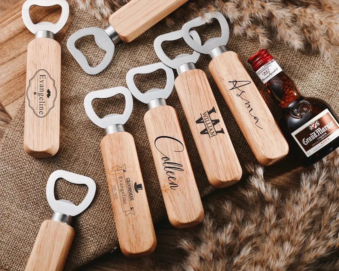 Wedding Party Gifts Wooden Bottle Opener Bartender Wood Beer Opener Cider Wine Opener Bottle Opener with Wooden Handle Engraved Gift Set for Wedding Party Home Kitchen Bar Restaurant
