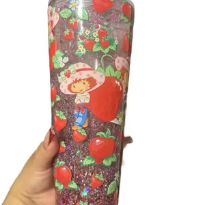 Strawberry Shortcake 24oz Plastic Cup with Lid & Straw Glittery Design Featuring Adorable Character and Strawberries