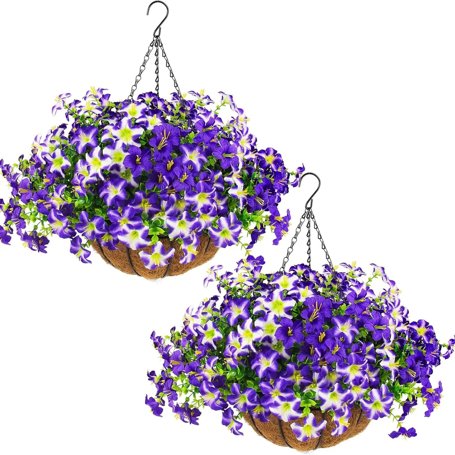 2 sets of artificial petunias with hanging baskets; 24 silk petunias that are UV-resistant and come in purple. These fake petunias come with hanging pots and are ideal for use at the front door, on porches, or for outdoor decoration in spring.