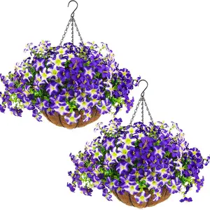 2 sets of artificial petunias with hanging baskets; 24 silk petunias that are UV-resistant and come in purple. These fake petunias come with hanging pots and are ideal for use at the front door, on porches, or for outdoor decoration in spring.
