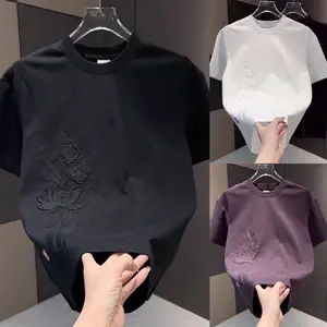 Men's Chinese Style Lotus Embroidered T-Shirt, Summer Minimalist Premium Solid Color Top, New Chinese Casual Loose Short Sleeve Tee