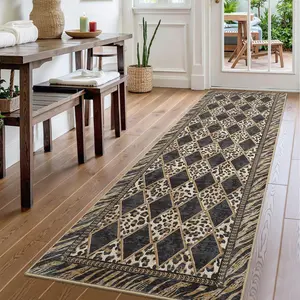 Runner Rug, Checkered Leopard Print Washable Rug Runners for Hallway Soft Low Pile Non-Slip Kitchen Runner for Bedroom Laundry, Light Brown, 2'x6'