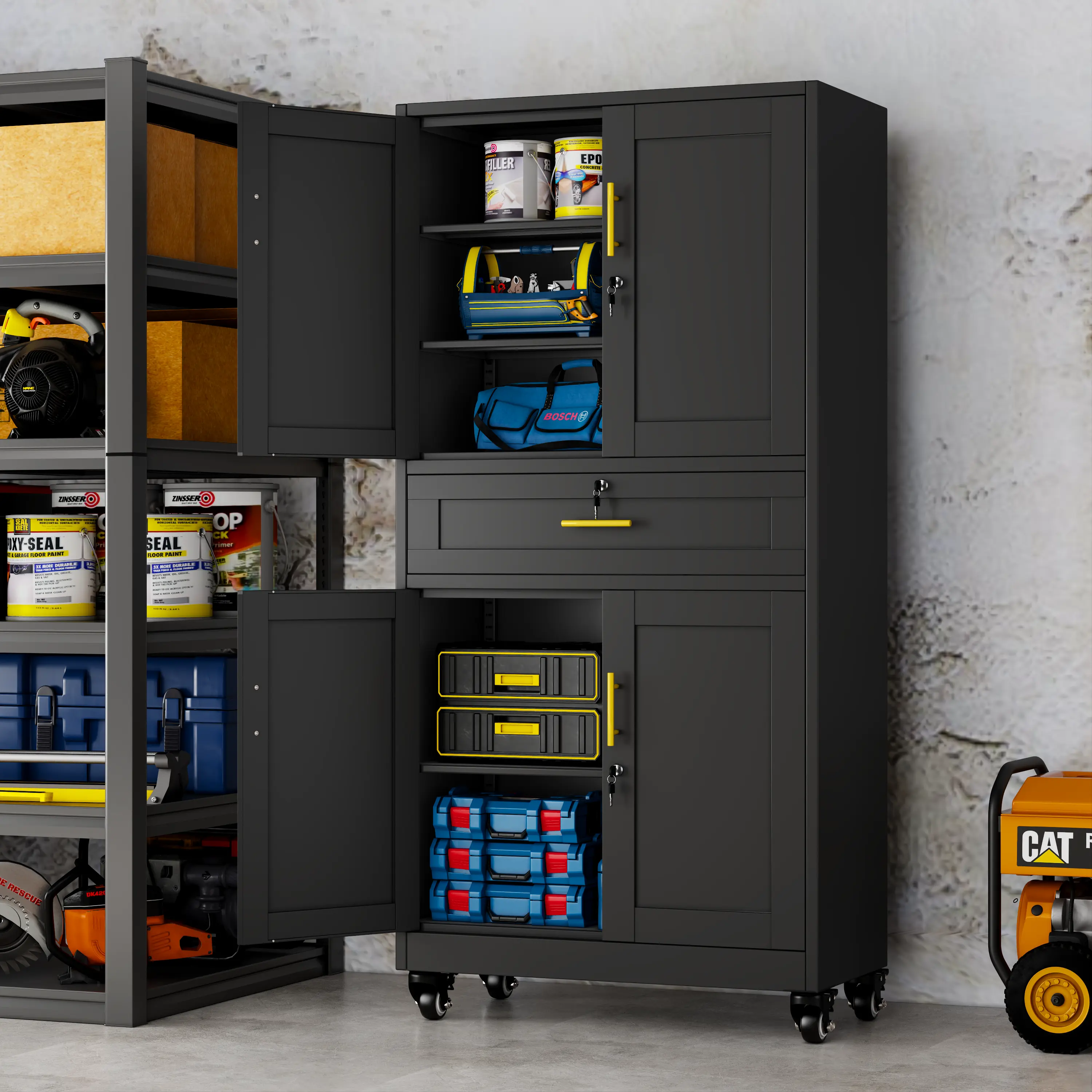 EROSOEI 71 heavy-duty rolling garage storage cabinet with locking doors, adjustable shelves, and a capacity of 180 lbs per shelf, for garages and workshops
