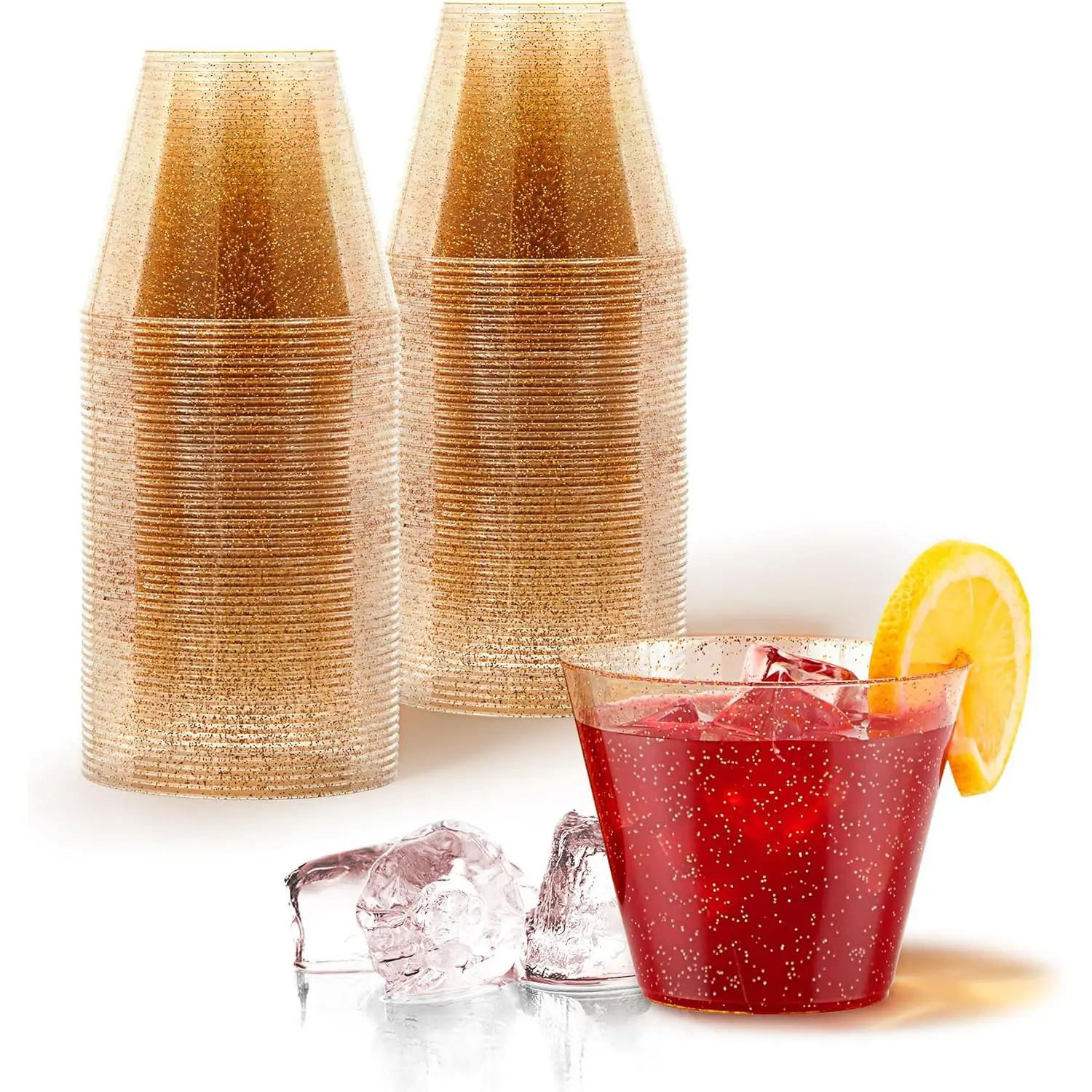 Elegant 9oz Gold & Clear Glitter Plastic Cups (50 Pack) - Fancy Disposable Wedding & Party Cups for Birthdays, Weddings, Holidays Transparent Colorful