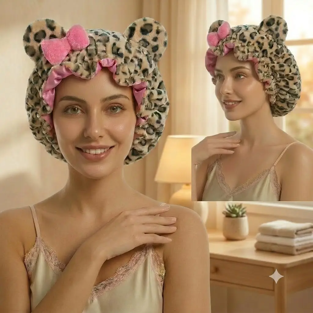 Women's Ultra-Cozy Leopard Print Teddy Sleep Bonnet - Soft Satin-Lined Hair Protection Cap, Adorable Bow & Bear Ears, Anti-Frizz, Breakage Prevention, Lightweight Haircare Accessory