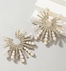 C-Spoke Rhinestone Pearl Statement Earrings