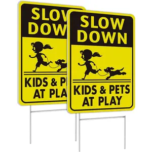 Slow Down Signs,  and Pets at Play Sign with Stake,18 x 12 Double-Sided Corrugated Plastic Yard Sign, Easy to Assemble, , Weather Resistant, Non-Fading,(2 Pack)