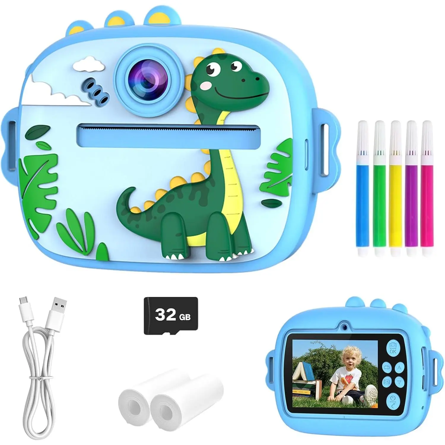 Camera with Instant Print, Front & Rear Dual Cameras, Portable Travel Digital Toy, Birthday for Girls & Boys Ages 3-12 (32GB SD Card) Blue