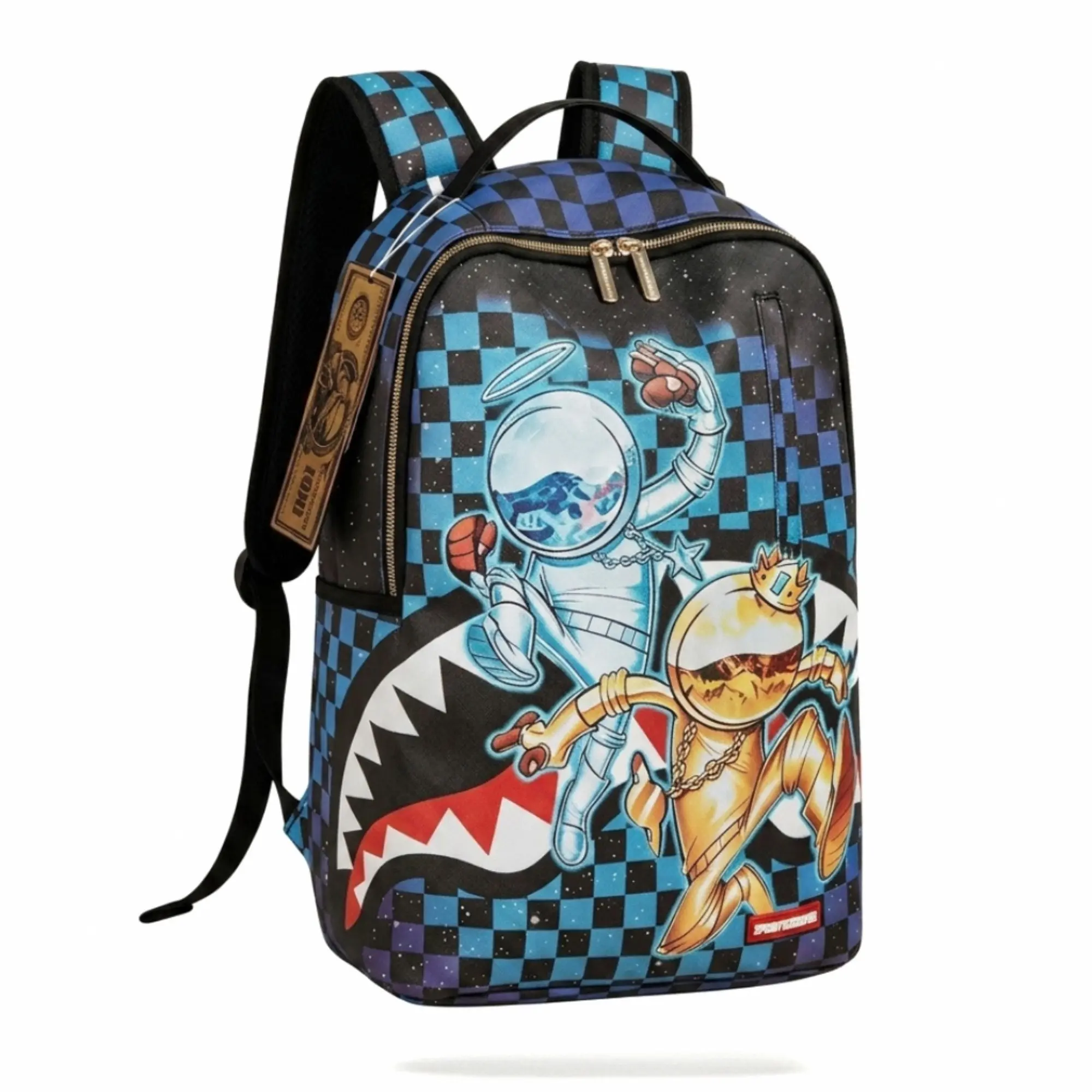 We Out Here Backpack Astronaut Shark Cool Blue Checkered Graphic School Bookbag Streetwear Water Resistant Laptop Bag for Men