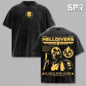 Helldivers 2 The Galaxy's Last Line of Offence on Steam Oversize Unisex Washed T-Shirt, Double Printed Streetwear Game Merch Gift For Fan