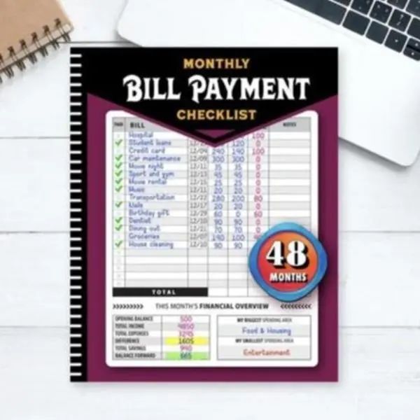 48-Month Budget Tracking Notebook - Monthly Financial Organizer with English Paper, Weekly Planner, Bill Payment Checklist, Pink Notepad for Personal Finance Management, Office Stationery Supplies,Purple/Pink