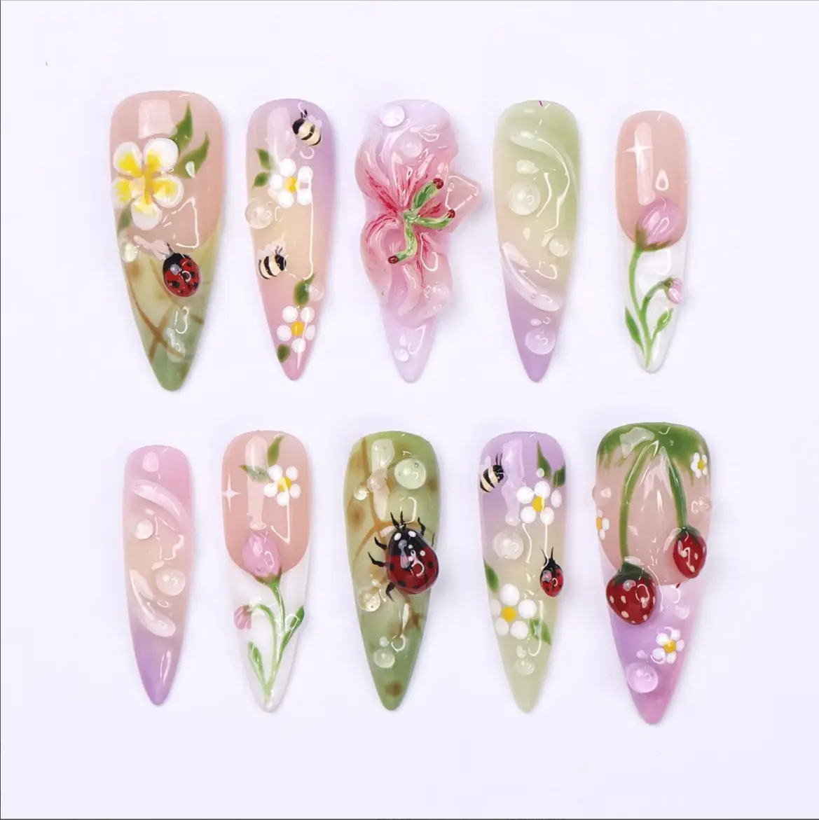 Press On Nails Ladybug with Bee | 3D Floral Fake Nails in Long Almond Shape | Handmade Spring Nail Art for Holiday, Vacation, Birthday, Gift