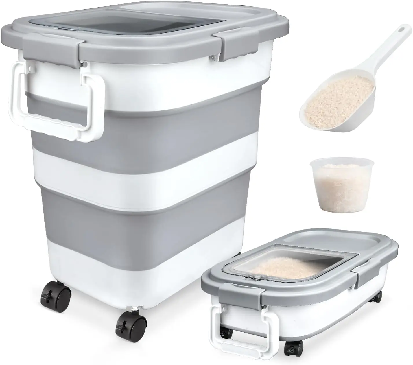 Rice Container, Collapsible Airtight 10-40 Rice Container, 25lb Pet Dog Food Container, Rice Dispenser Bin with Cup and Scoop for Flour Cereal Pasta Grain, Cat Bird