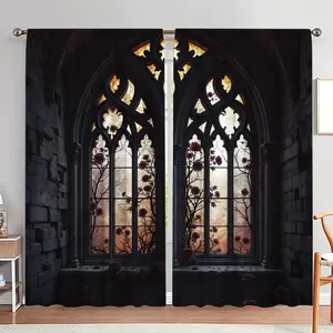 2 Gothic window pattern curtains with Drapes Fabric and colorful rose designs, suitable for living room and bedroom decoration to enhance home ambiance Home Textile
