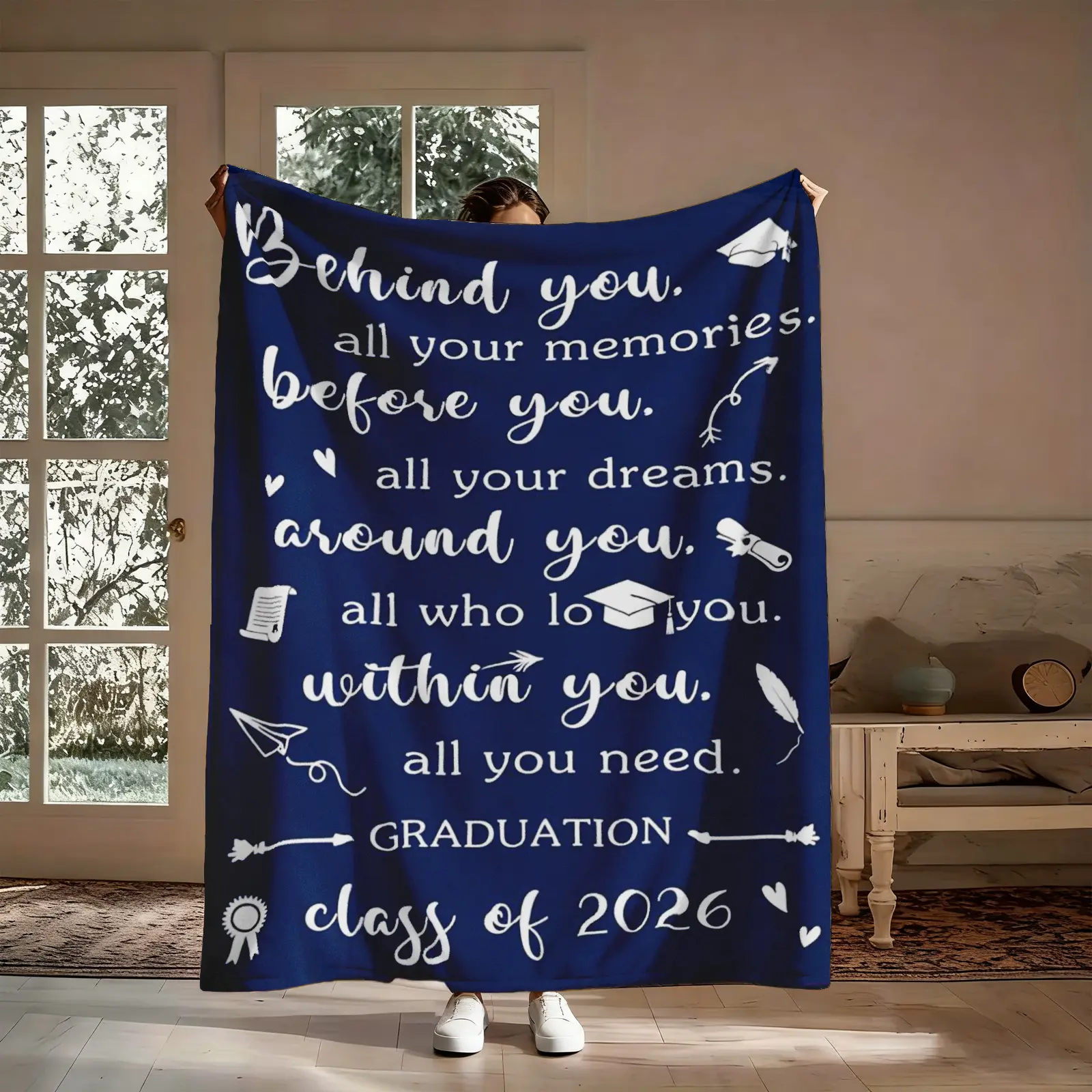 Class of 2026 Navy Flannel Throw Blanket - Personalized Custom Graphic Letter Embroidery College Blanket, Inspirational Grad Quote, Cap & Diploma Doodles, Soft Cozy Warm, for Couch & Bed, Graduation Gift Keepsake Decor, Personalized Blankets, Custom Graph