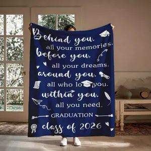 Class of 2026 Navy Flannel Throw Blanket - College-Themed Blankets with Inspirational Grad Quote, Cap & Diploma Doodles, Soft Cozy Warm, for Couch & Bed, Graduation Gift for Her/Him, Aesthetic Sentimental Keepsake Decor