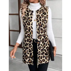 Sleeveless Leopard Print Knit Vest Cardigan For Women In Fall/Winter Brown Fabric