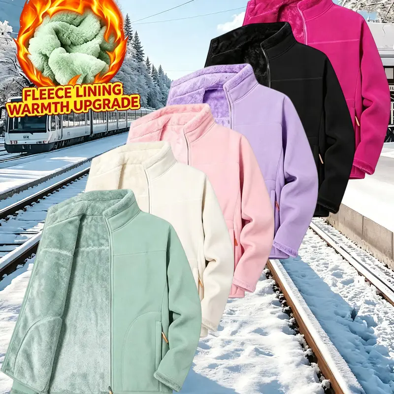 Clean Gent women’s soft fleece zip-up cardigan jacket, stylish and comfortable high-neck outerwear, warm fleece top, outdoor casual jacket, top, long sleeves, lightweight, breathable