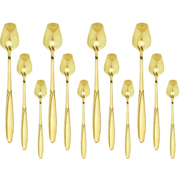 12Pcs Gold Rose Tea Spoons(5.12 in, 5.91in, 6.69in) - Stainless Steel Tea Stirring Spoons with Elegant Rose Design, Ideal for Tea, Coffee and Desserts