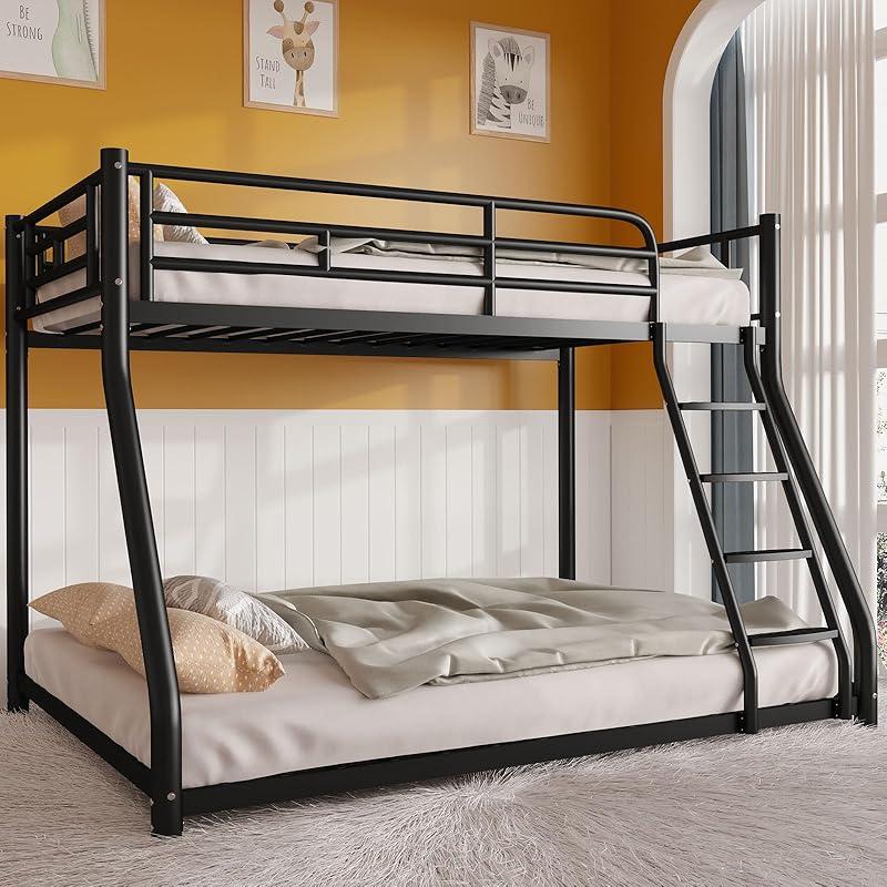Metal Twin Over Full Size Bunk Bed for Adults & Kids,Twin Over Full Bunk Beds, Low Profile Bunkbeds with Length Guardrail and Ladder, No Box Spring Needed,Space Saving,Black