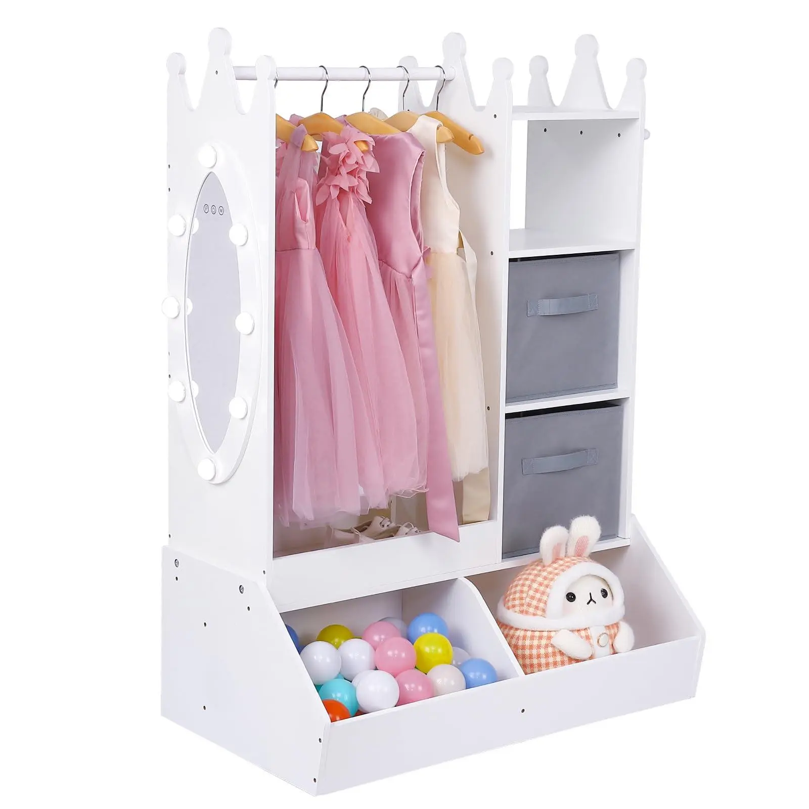 White MDF Wood Girls Wardrobe - Lighted Mirror, Clothing Rack, Adjustable Shelf, Storage Bins, Hooks, Open Shelves, Kids Toy Organizer Armoire, Princess Dress Up Center for Bedroom