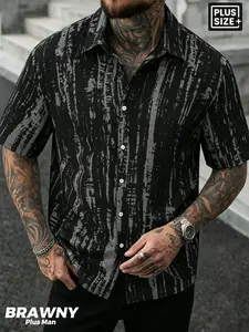 Men's Plus Size Black Grey Abstract Brushstroke Print Short Sleeve Shirt, Vintage Button Down Collared Top, Casual Streetwear Shirt, Collared Shirts