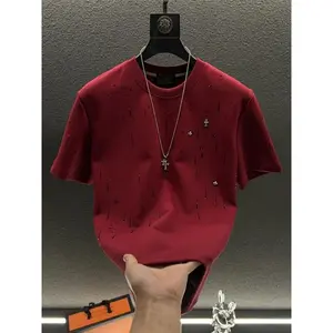 2025 Summer New Trendy Brand Luxury Custom Short Sleeve T-Shirt Men's Heavy Craft Meteor Full Diamond Round Neck Half Sleeve Top Fashion Shortsleeve Tshirt Crewneck Casual Menswear Streetwear Tropical Beige Plain Pure Cotton Breathable