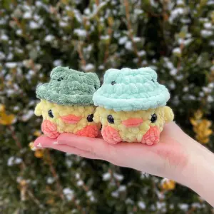 Handmade Crochet Mini Chick With Frog Hat Plushie